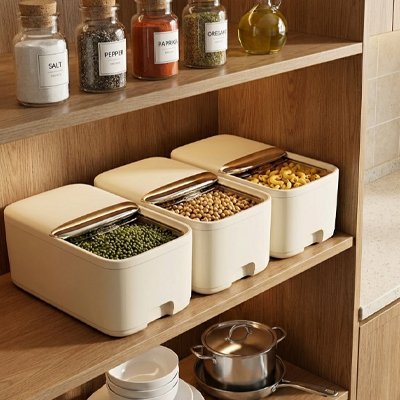 Boite de conservation alimentaire beige rangee cereales legumes pates