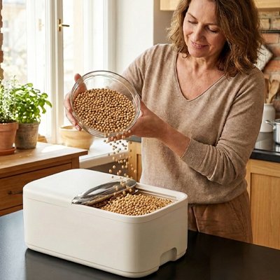 Boite de conservation alimentaire blanche remplie legumes secs