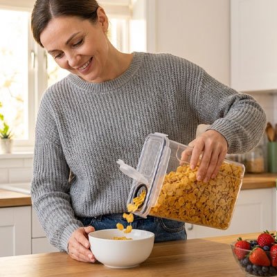 boite de conservation alimentaire femme action verse cereales bole