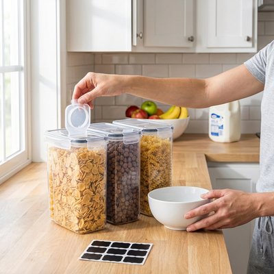 boite de conservation alimentaire petit dejeuner main cereales plan travail bole blanc