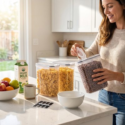 boite de conservation alimentaire transparente femme cereales bole plan travail