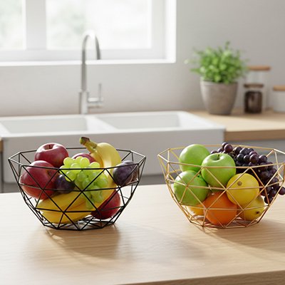 Corbeille a fruit couleur dorée et noir motif triangle hexagone contoir