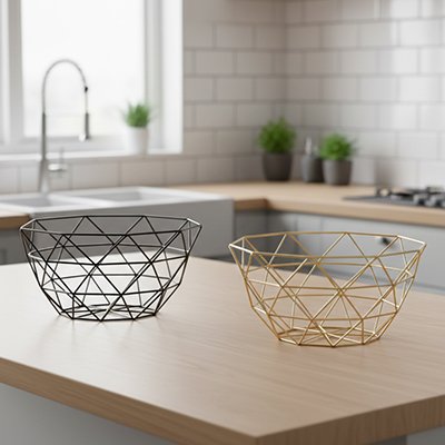 Corbeille a fruit couleur dorée et noir motif triangle hexagone contoir