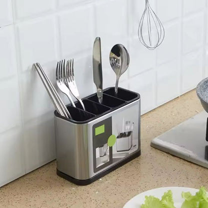 pot ustensiles plan travail inox 4 compartiments argent